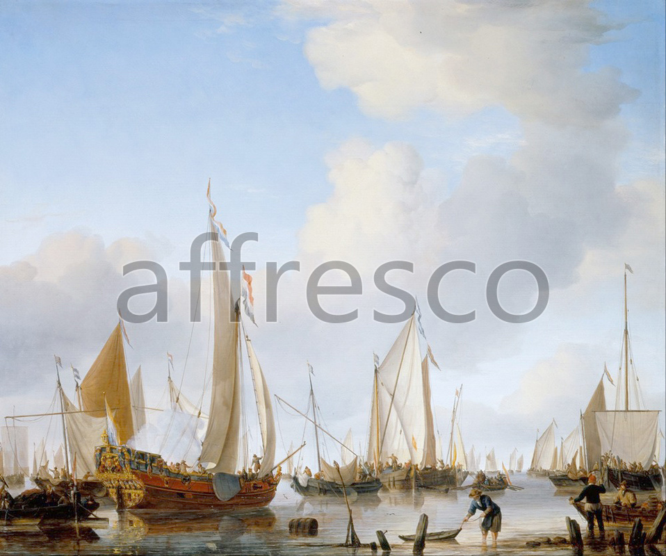Каталог Аффреско, Морские пейзажиWillem van de Velde the Younger, Calm A States Yacht under Sail close to the Shore with many other Vessels | арт. Willem van de Velde the Younger, Calm A States Yacht under Sail close to the Shore with many other Vessels