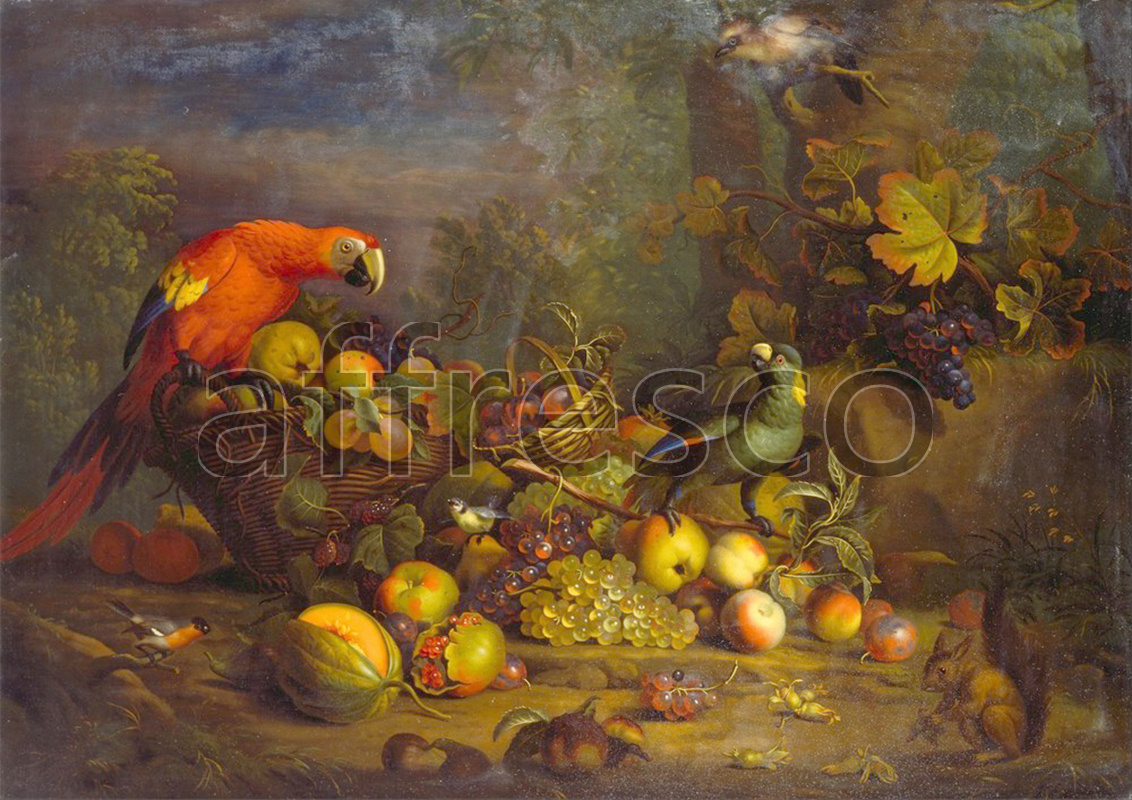 Каталог Аффреско, НатюрмортTobias Stranover, Parrots and Fruit with Other Birds and a Squirrel | арт. Tobias Stranover, Parrots and Fruit with Other Birds and a Squirrel