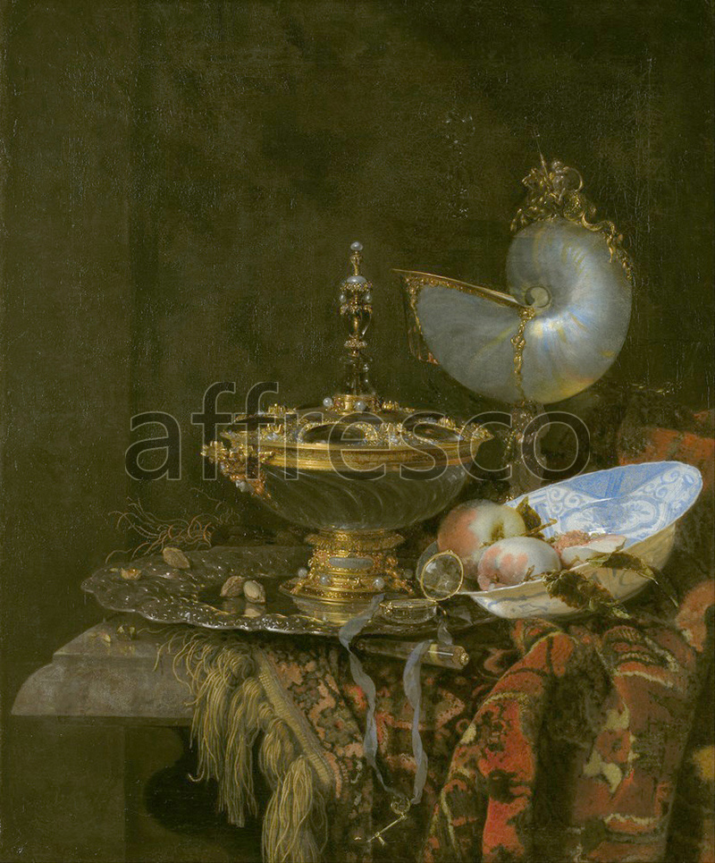 Каталог Аффреско, НатюрмортWillem Kalf Pronk, Still Life with Holbein Bowl Nautilus Cup Glass Goblet and Fruit Dish | арт. Willem Kalf Pronk, Still Life with Holbein Bowl Nautilus Cup Glass Goblet and Fruit Dish
