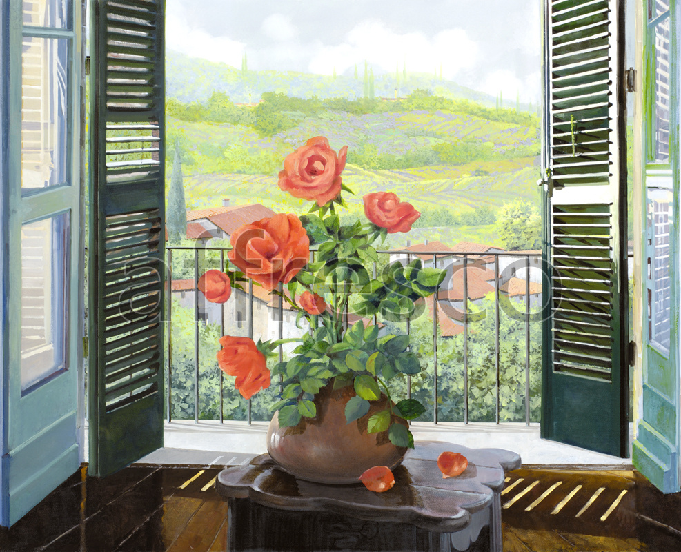 Фрески и фотообои, Цветущая роза на окне