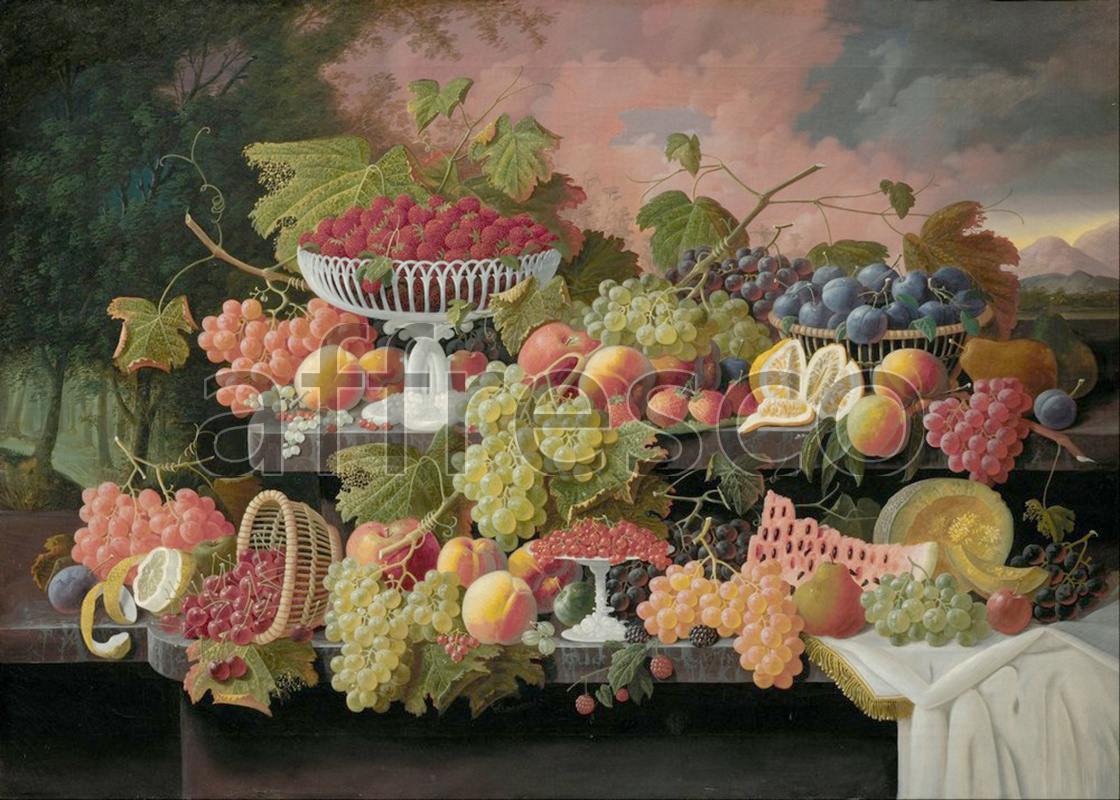 Каталог Аффреско, НатюрмортSeverin Roesen, Two Tiered Still Life with Fruit and Sunset Landscape | арт. Severin Roesen, Two Tiered Still Life with Fruit and Sunset Landscape