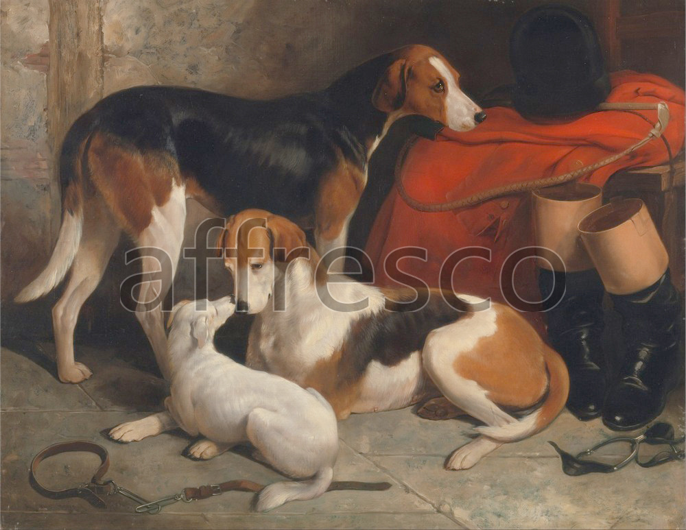 Каталог Аффреско, Картины с животнымиWilliam Barraud, A Couple of Foxhounds with a Terrier the property of Lord Henry Bentinck | арт. William Barraud, A Couple of Foxhounds with a Terrier the property of Lord Henry Bentinck