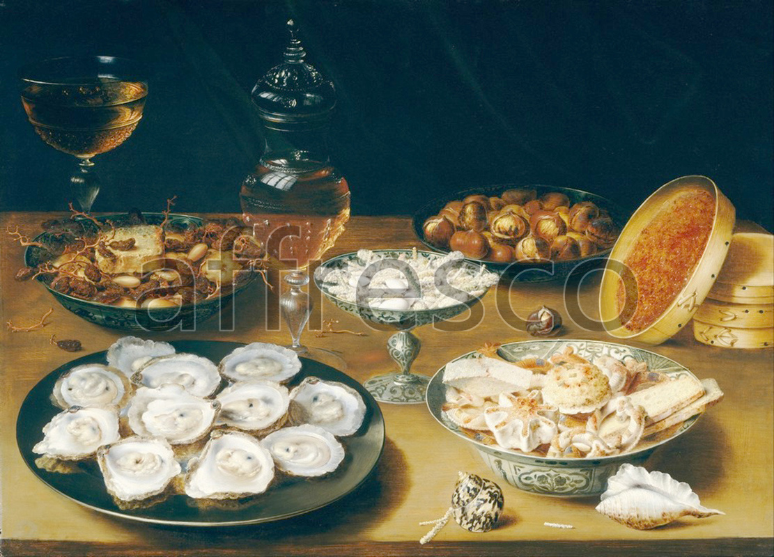 Каталог Аффреско, НатюрмортOsias Beert the Elder, Dishes with Oysters Fruit and Wine | арт. Osias Beert the Elder, Dishes with Oysters Fruit and Wine