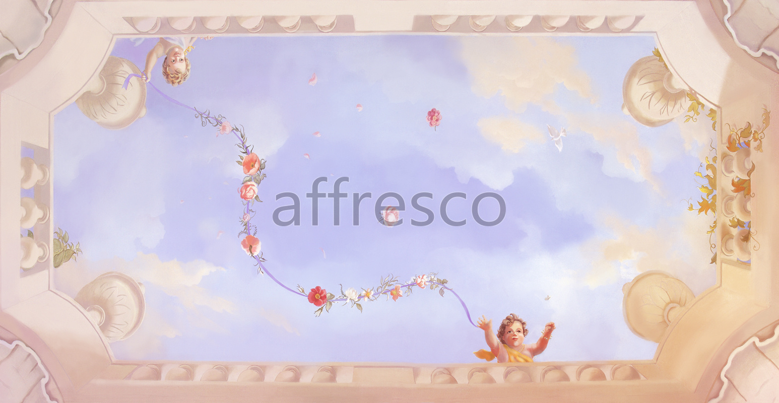 Фрески и фотообои, Ангелочки на небе с цветами